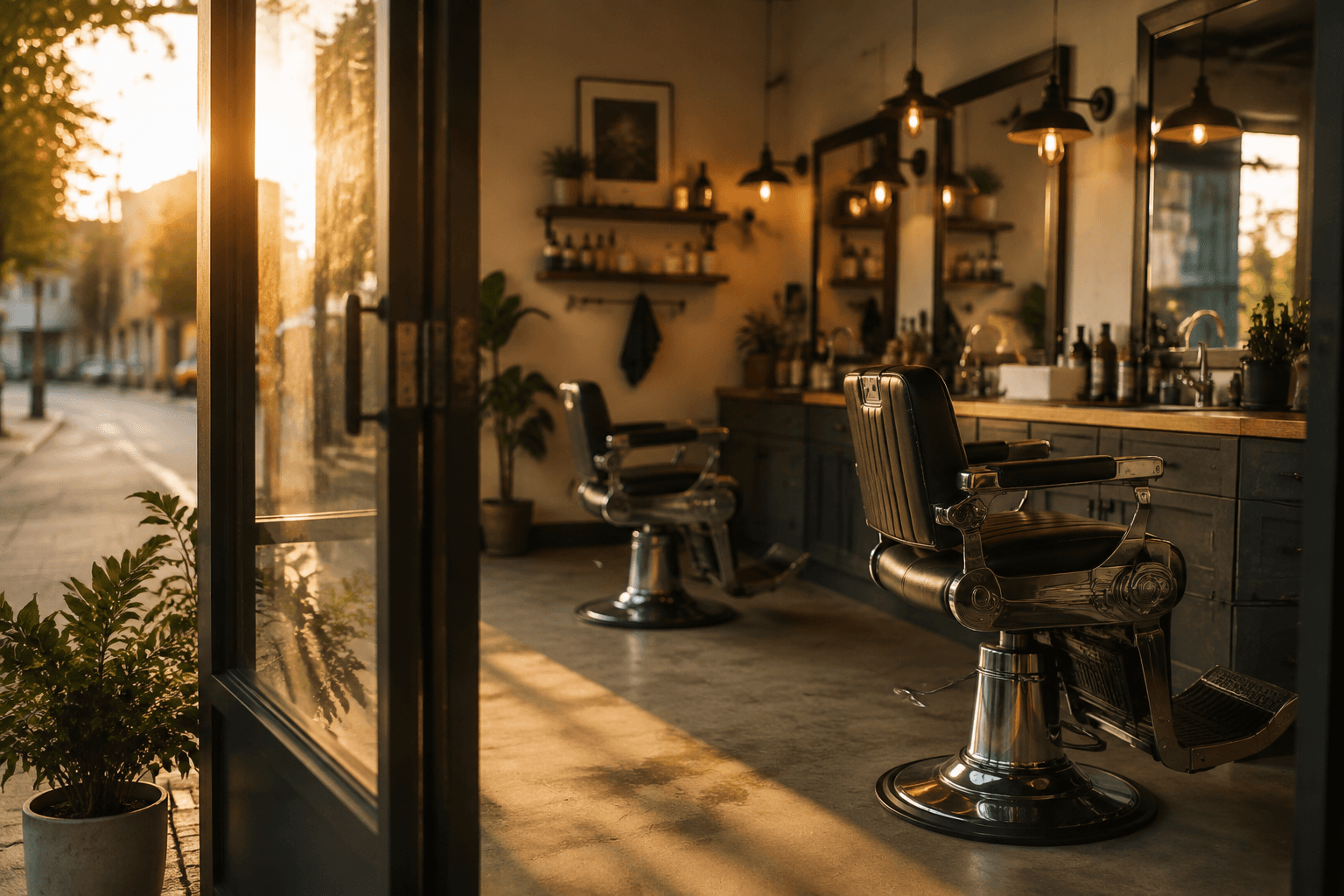 A warm, well-kept salon interior at golden hour