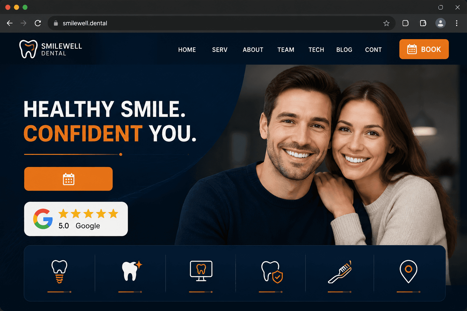 Modern Vestibl-style website mockup: Sample Project: Dental Practice