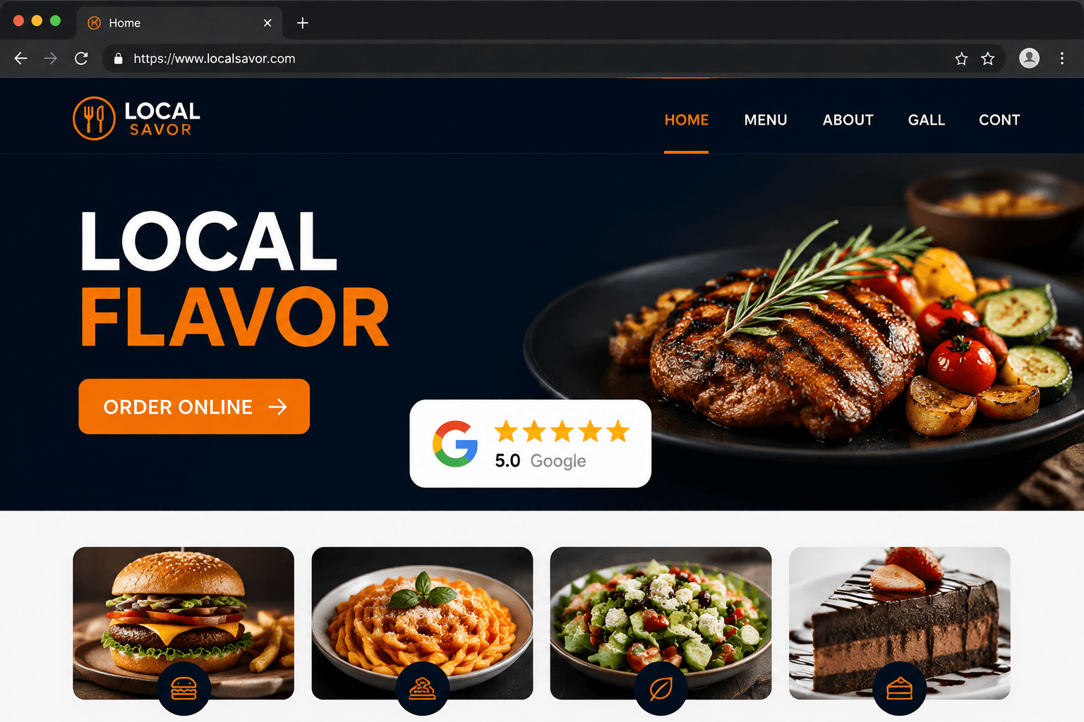Modern Vestibl-style website mockup: Sample Project: Local Restaurant