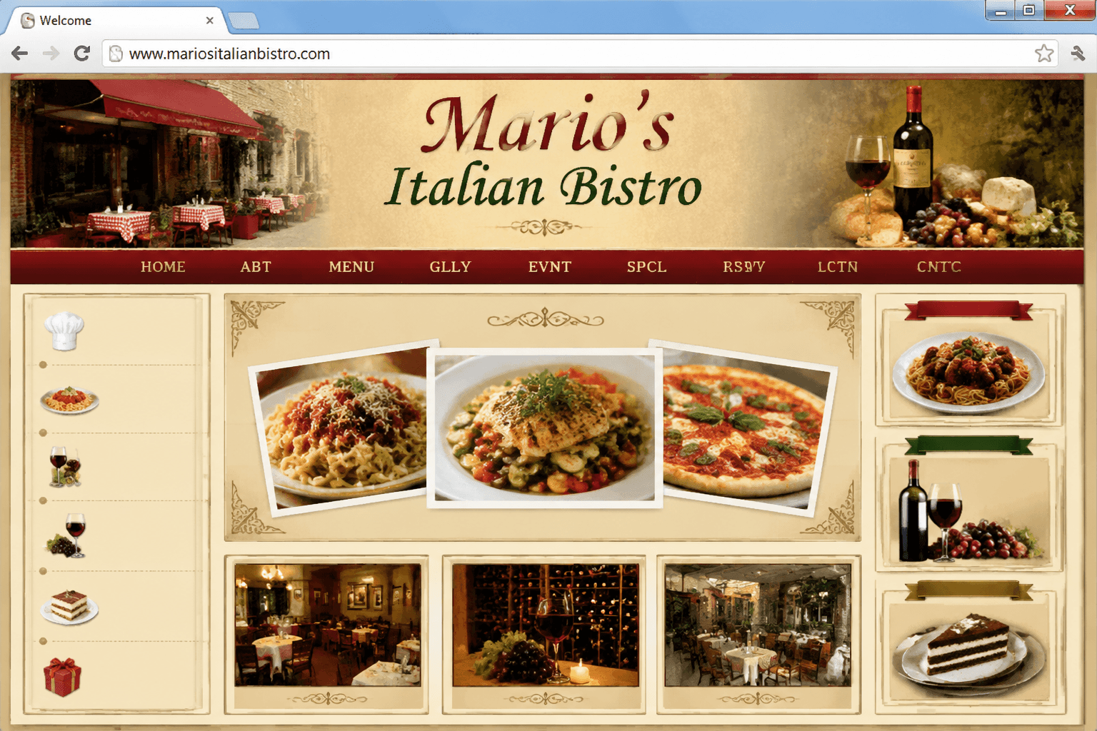 Dated, outdated-style website mockup: Sample Project: Local Restaurant